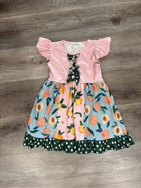 Girls Pink Peach-Print Ruffle Sleeve Casual Dress